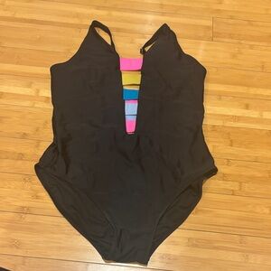 DKNY Black One-Piece Swimsuit with Pink, Yellow, and Blue Stripes